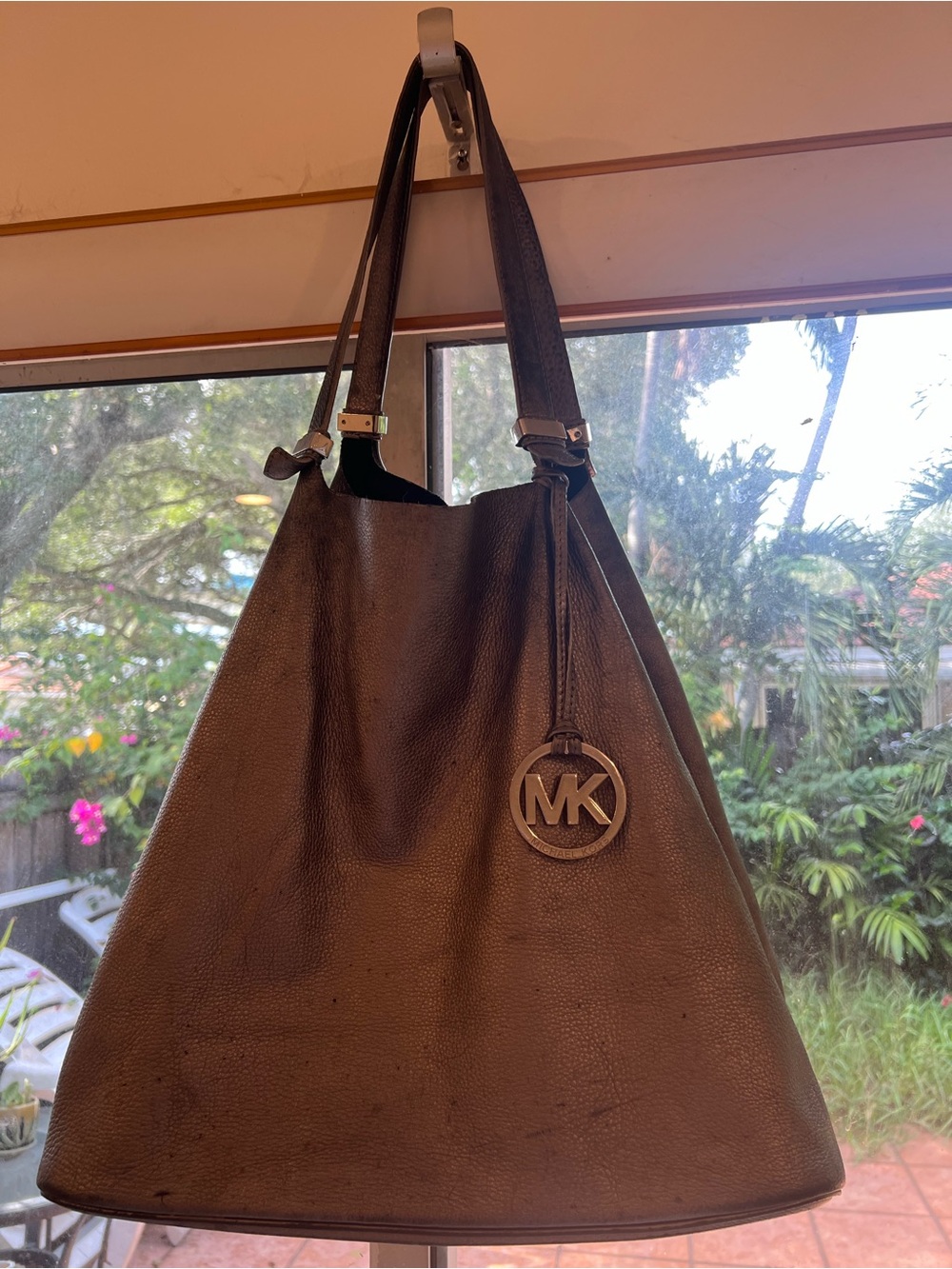 Michael Kors Metallic Leather Messenger Tote with MK Charm